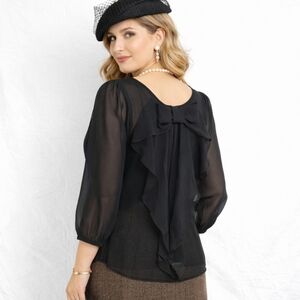Vtg A. BYER Size Medium Sheer‎ Black Chiffon Pleated Bow Detail Back Blouse Y2K